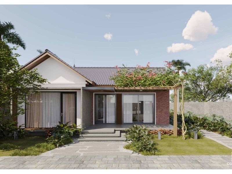 Mặt tiền hiện đại của mẫu nhà vườn 1 tầng 150m2 mái Nhật