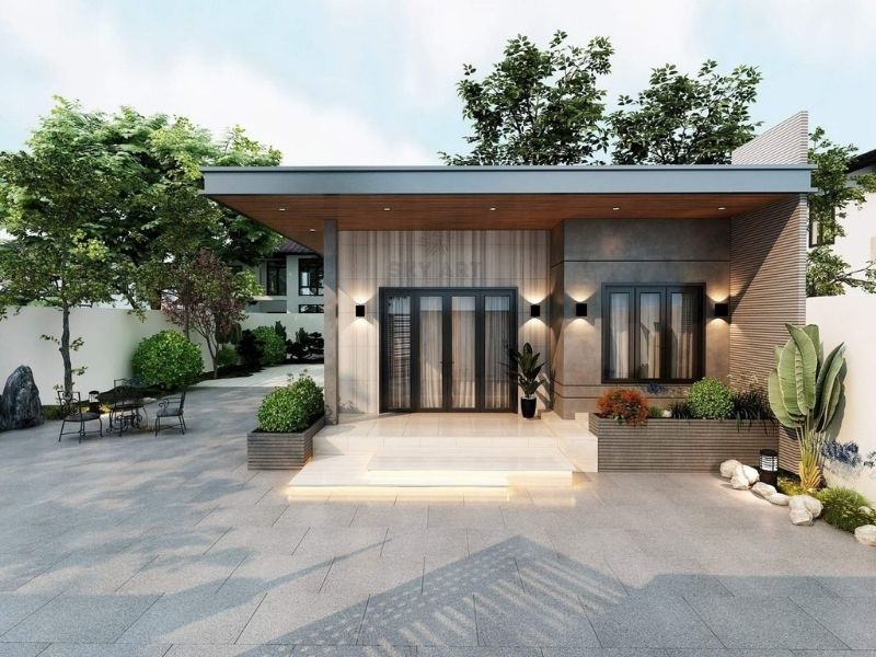 Thiết kế nhà 1 tầng 4 phòng ngủ hiện đại sử dụng vật liệu cao cấp