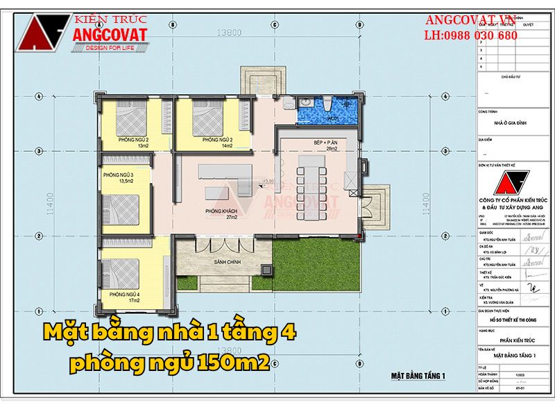 Mặt bằng nhà 1 tầng 4 phòng ngủ 150m2 bố trí khoa học