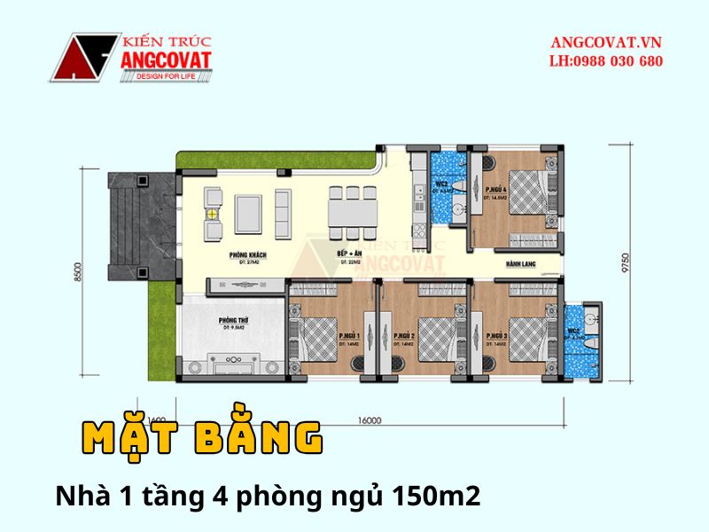 Mặt bằng công năng khoa học trong mẫu nhà 1 tầng 4 phòng ngủ 150m2