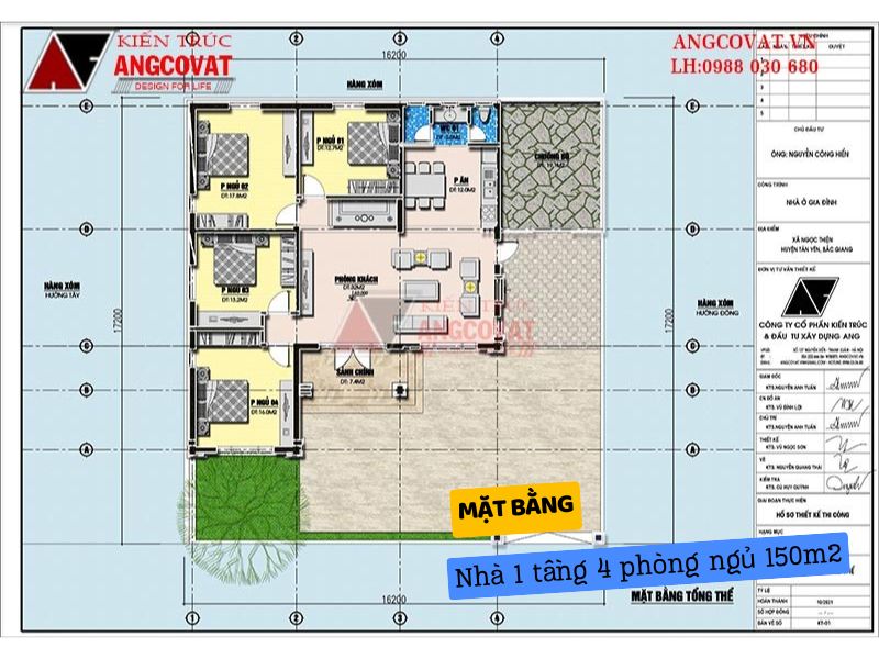 Bản vẽ mặt bằng nhà 1 tầng 4 phòng ngủ 150m2 đẹp
