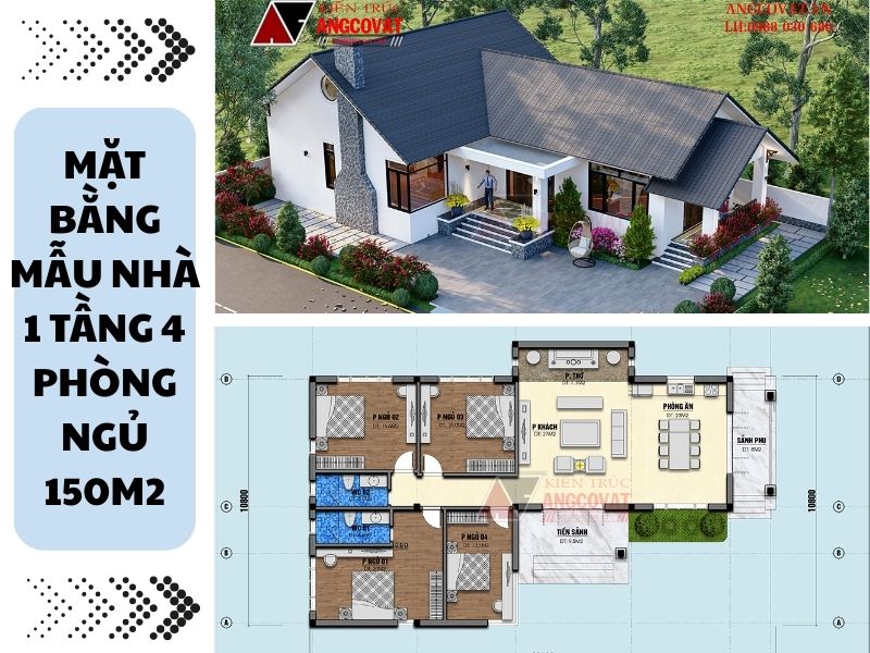 Chia sẻ mặt bằng nhà 1 tầng 4 phòng ngủ mái Thái rộng 1502m2