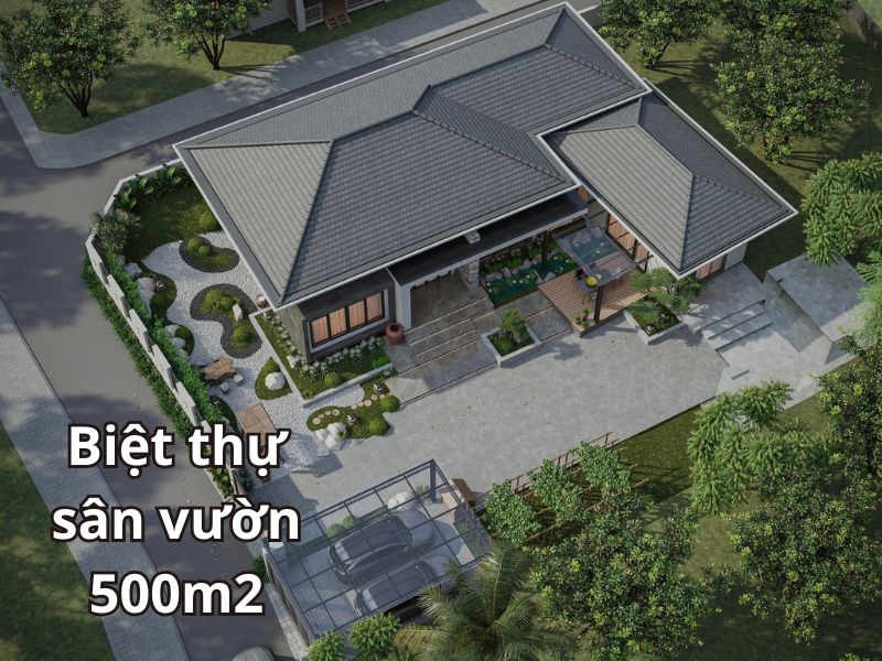 Biệt thự sân vườn 500m2 1 tầng mái Nhật hiện đại, sang trọng