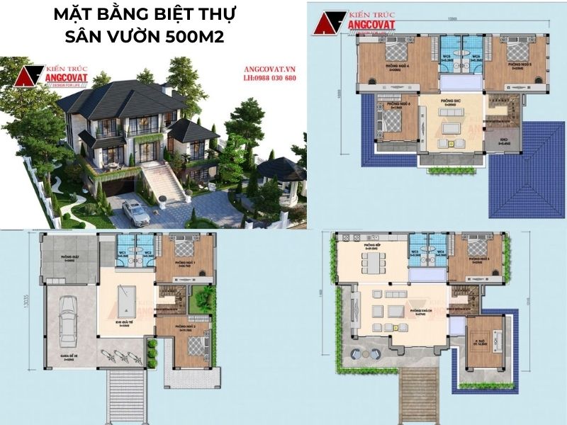 Bố trí mặt bằng biệt thự sân vườn 500m2 3 tầng 