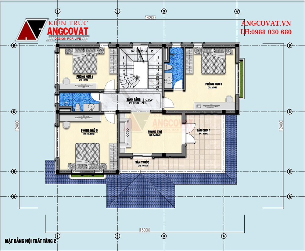 thiết kế mặt bằng nhà 2 tầng 5 phòng ngủ phòng thờ tầng 2