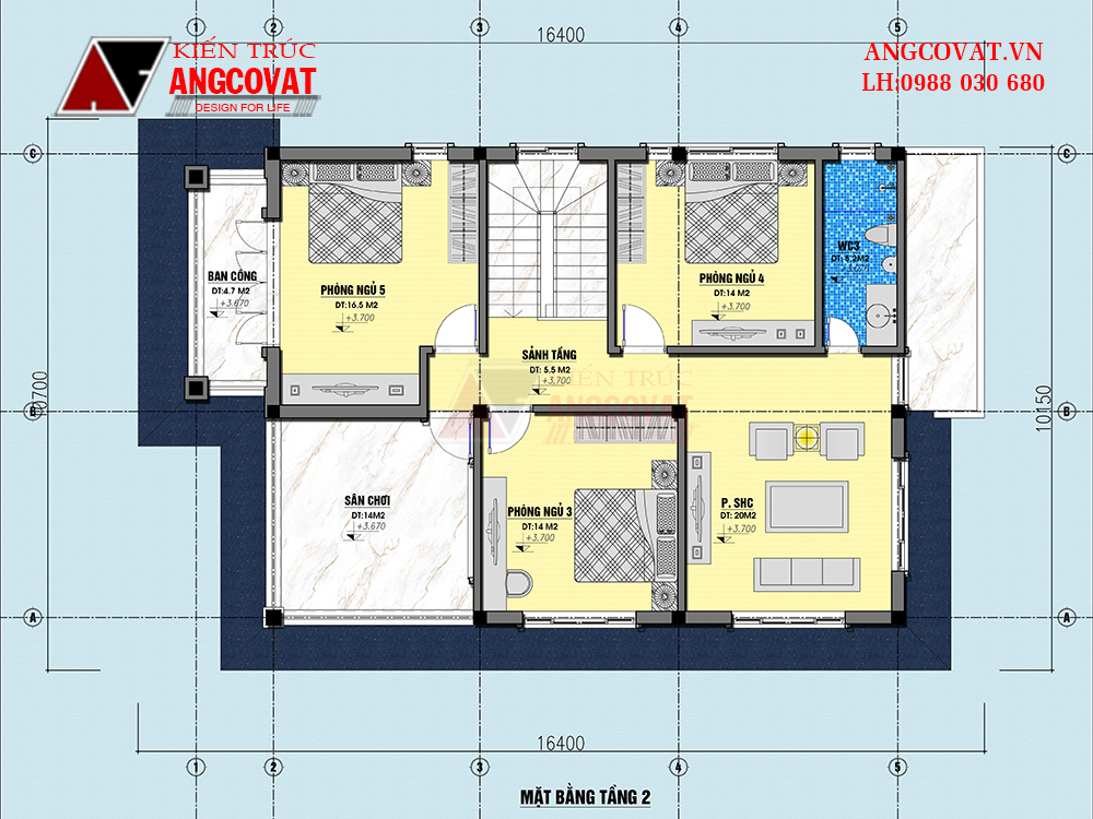 thiết kế mặt bằng nhà 2 tầng 5 phòng ngủ phòng thờ tầng 1 diện tích 10x16m