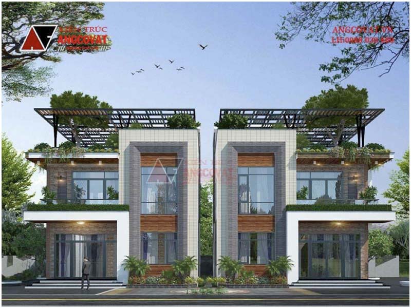 Phối cảnh 3D: Mẫu biệt thự 2 tầng mặt tiền 10m mái bằng hiện đại trẻ trung tại Hà Nội