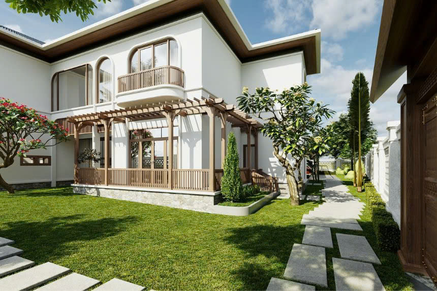 Thiết kế biệt thự 2 tầng có sân vườn ở quê