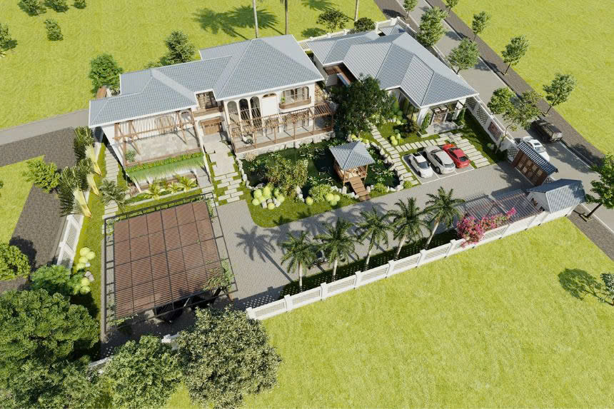 Thiết kế biệt thự 2 tầng có sân vườn ở quê