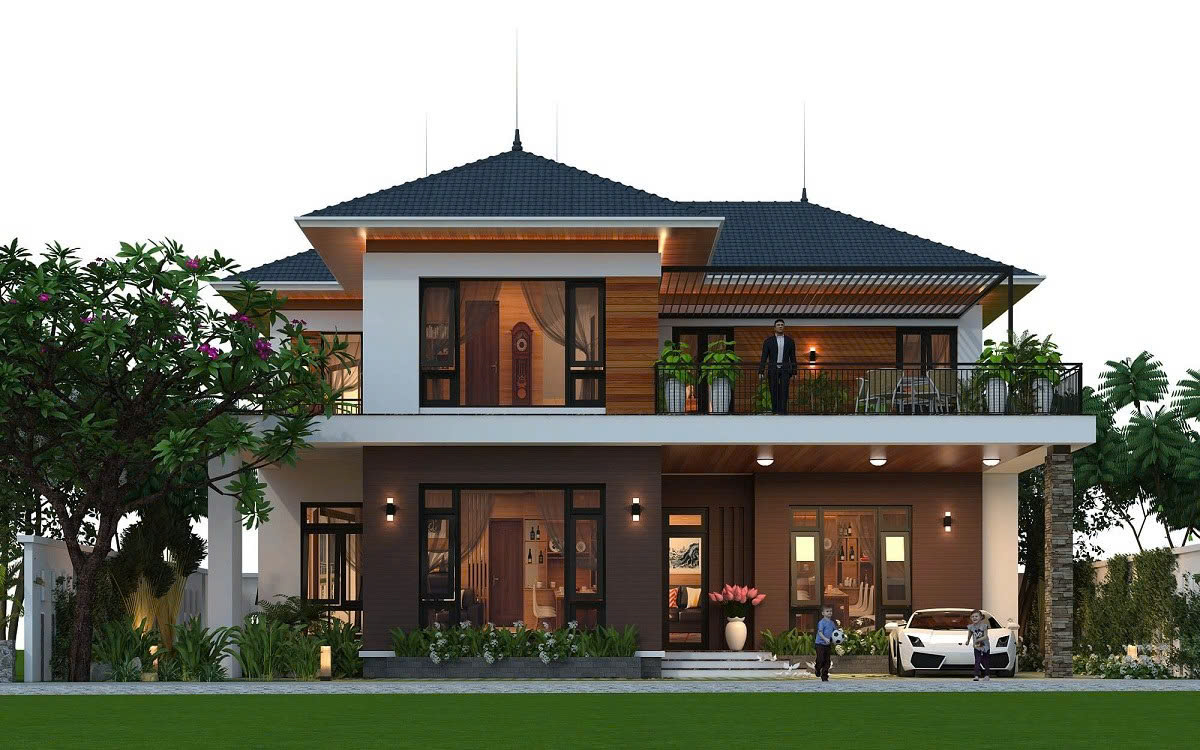 Thiết kế biệt thự 2 tầng có sân vườn ở quê