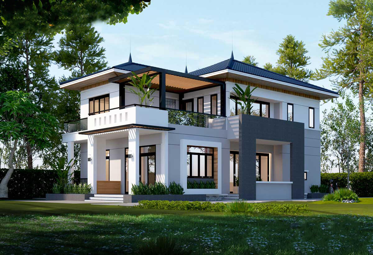 Thiết kế biệt thự 2 tầng có sân vườn ở quê