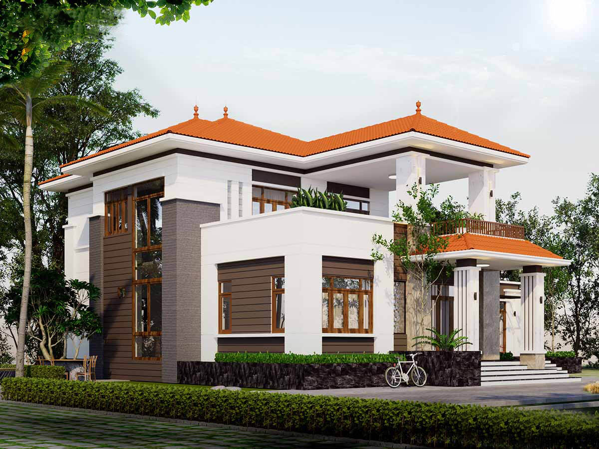 Thiết kế biệt thự 2 tầng có sân vườn ở quê