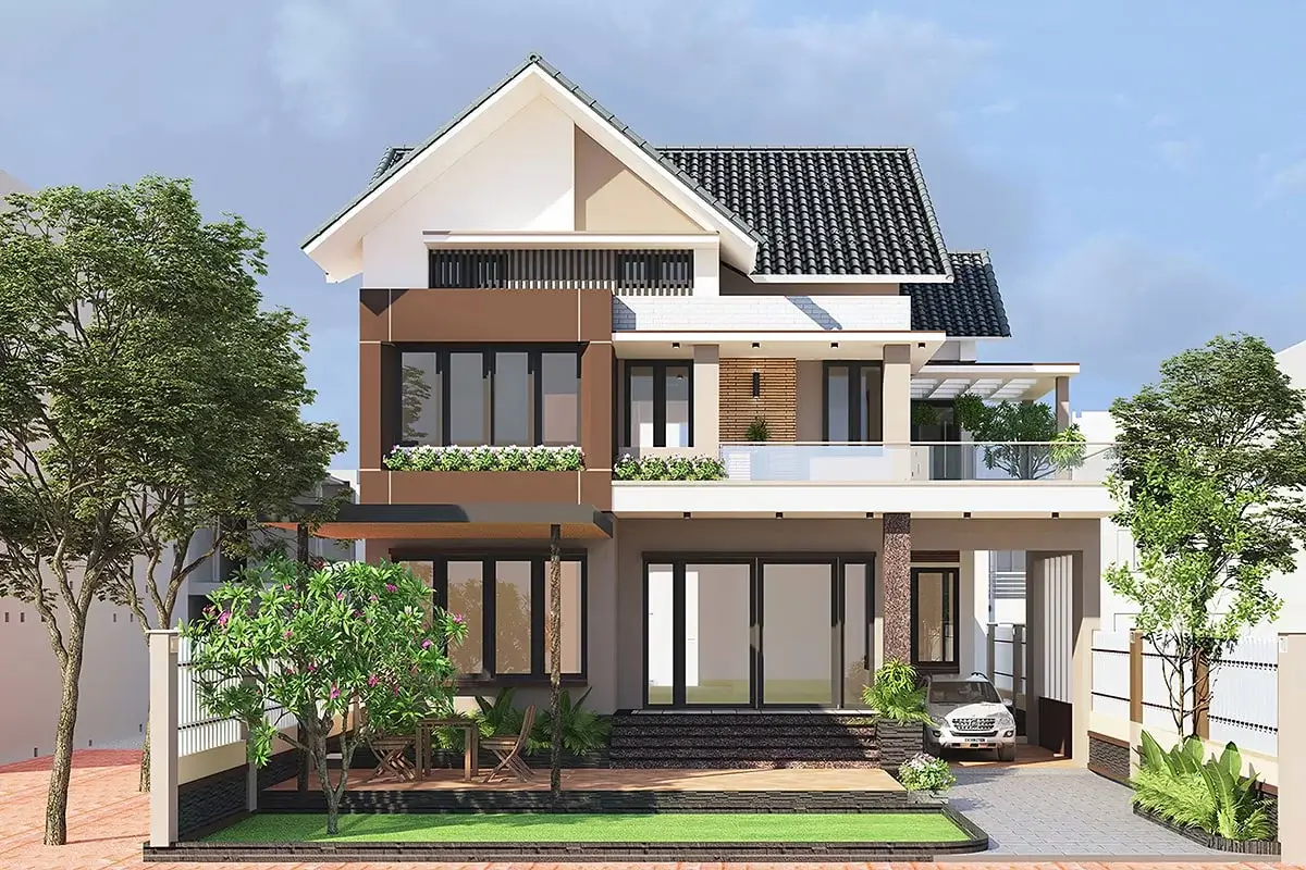 Thiết kế biệt thự 2 tầng có sân vườn ở quê