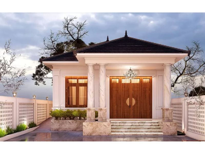 Mặt tiền sử dụng vật liệu cao cấp của thiết kế nhà mái Nhật 1 tầng 4 phòng ngủ