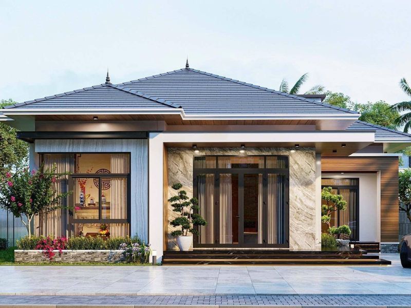 Mặt tiền ốp đá sang trọng của ngôi nhà mái Nhật 4 phòng ngủ có phòng thờ