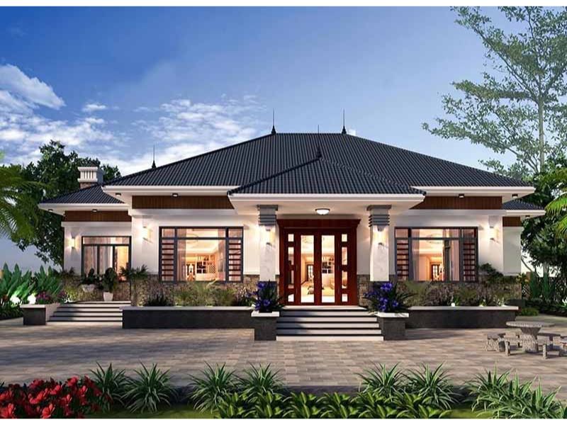 Mẫu nhà mái Nhật 1 tầng có mặt tiền rộng