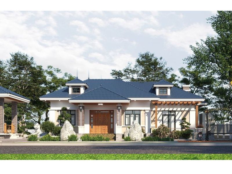 Ngoại thất ấn tượng của thiết kế nhà mái Nhật 1 tầng 4 phòng ngủ đẹp