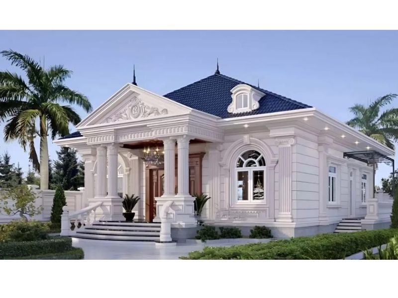 Gam màu trắng nổi bật sử dụng trong thiết kế nhà 1 tầng 4 phòng ngủ 200m2