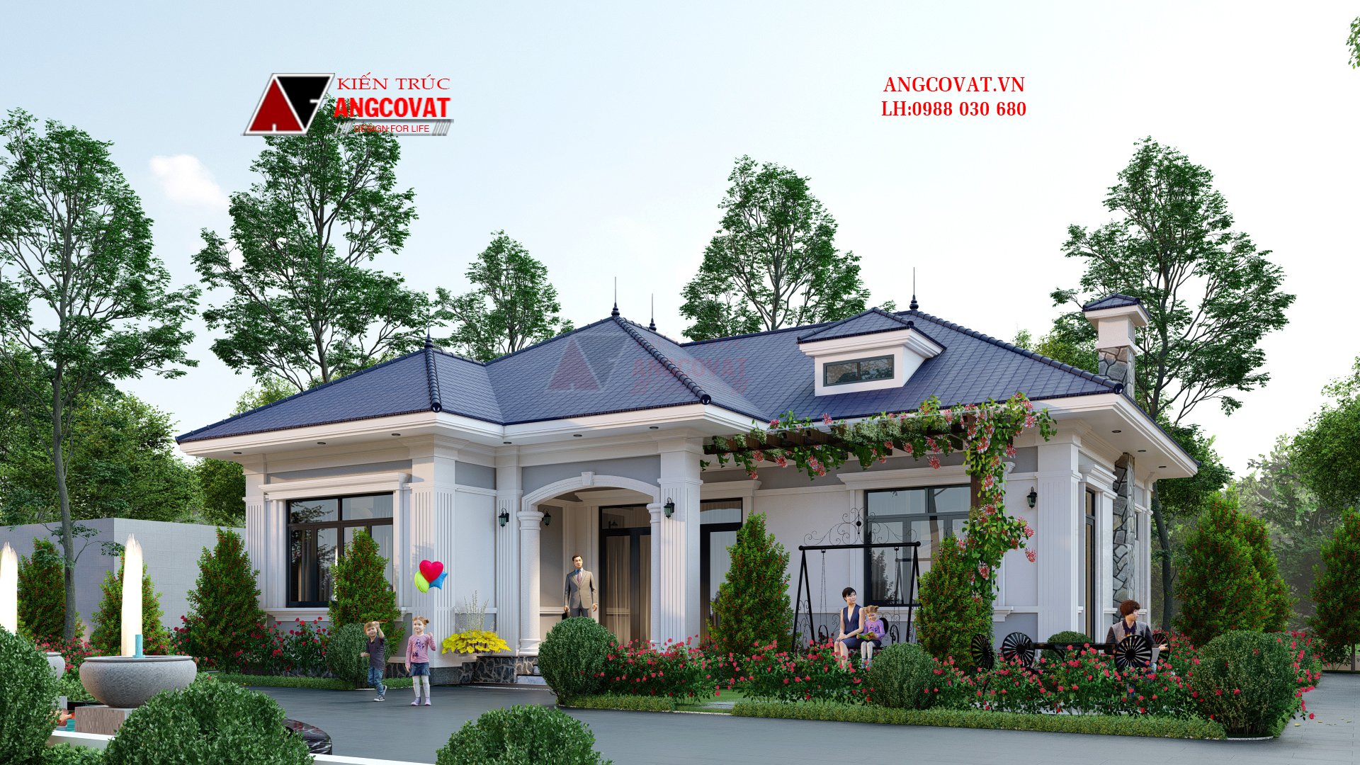 Thiết kế nhà mái Nhật 1 tầng 4 phòng ngủ gần gũi thiên nhiên