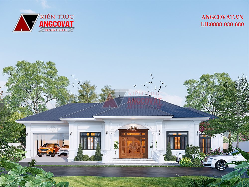 Xây nhà 1 tầng mái Nhật tân cổ điển mặt tiền 25m