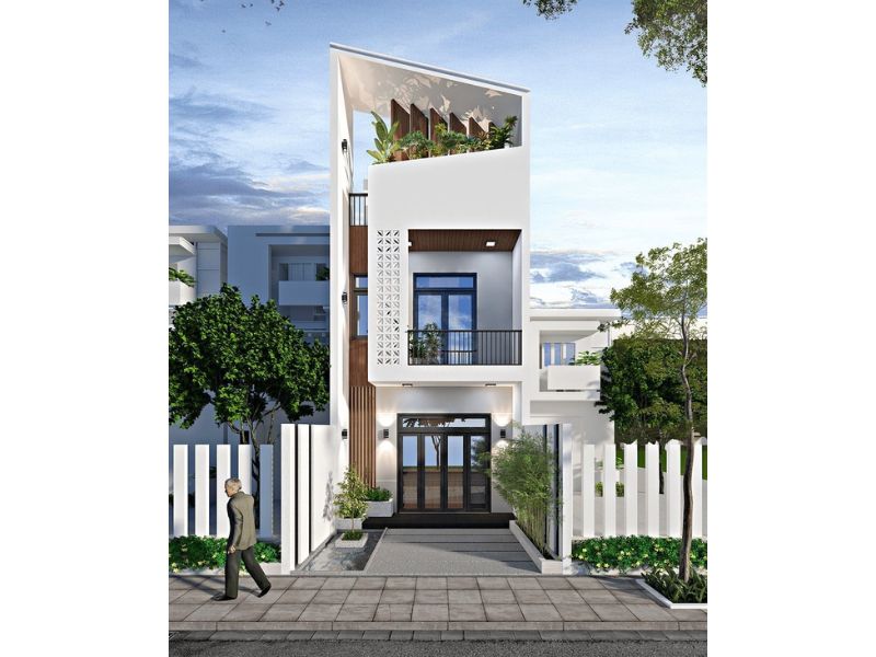 Mặt tiền nhà 4x18 với tạo hình mái lệch ấn tượng