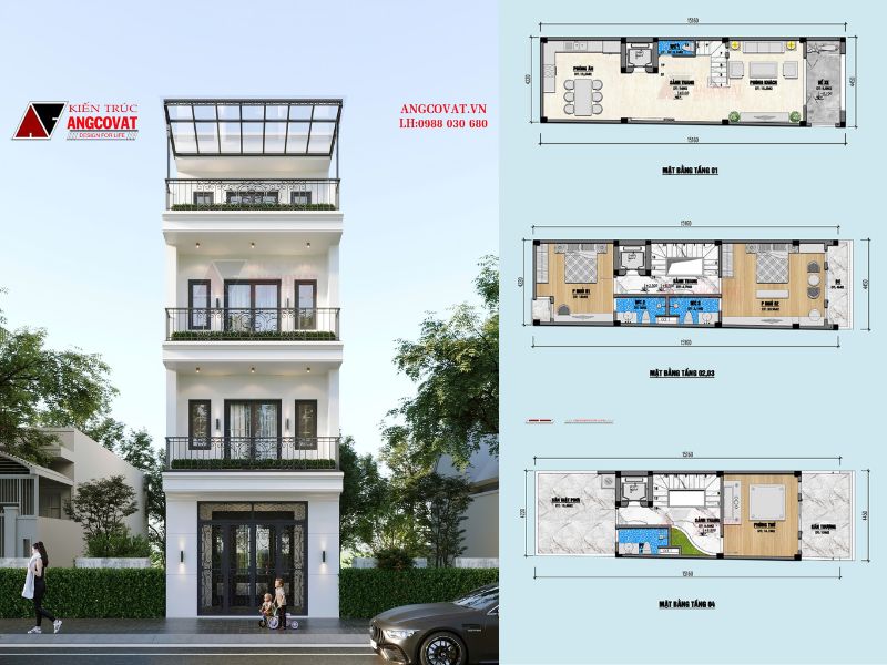 Bản vẽ thiết kế nhà mặt tiền 4m dài 18m 3 tầng 2 phòng ngủ 1 phòng thờ