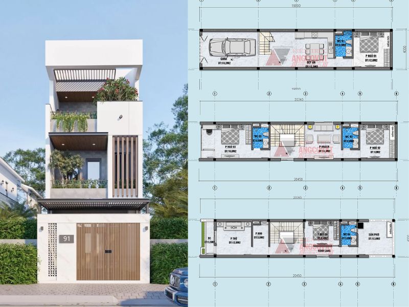 Thiết kế nhà mặt tiền 4m dài 18m 4 phòng ngủ có gara để xe