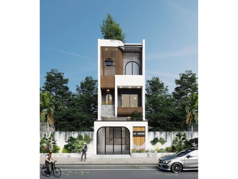 Sử dụng lam chắn gỗ giúp luồng gió lưu thông dễ dàng đồng thời tạo điểm nhấn trang trí cho mẫu nhà phố 4x18m