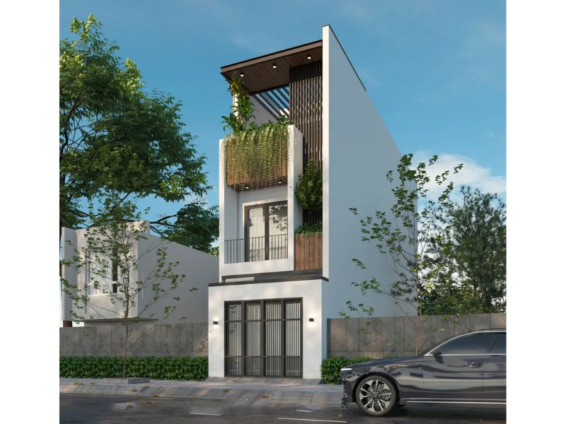 Nhà mặt tiền 4m dài 18m kết hợp linh hoạt giữa mảng khối kiến trúc và thiên nhiên