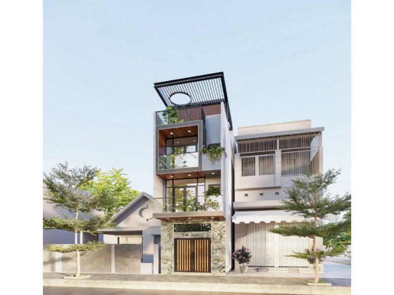 Thiết kế nhà mặt tiền 4m dài 18m với ban công đua rộng vừa tạo sự thoáng đãng lại gia tăng diện tích