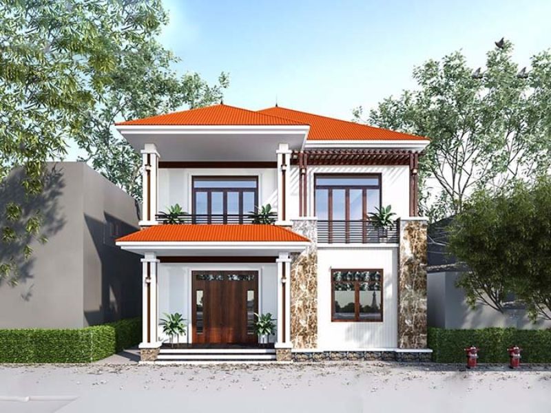 Nhà 2 tầng mái Nhật đỏ tươi rực rỡ
