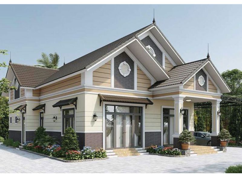 Kết hợp hài hòa màu sắc trong mẫu nhà 1 tầng 6 phòng ngủ mái Thái