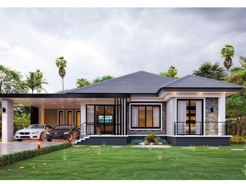 Thiết kế nhà 1 tầng 6 phòng ngủ tích hợp gara để xe tiện lợi