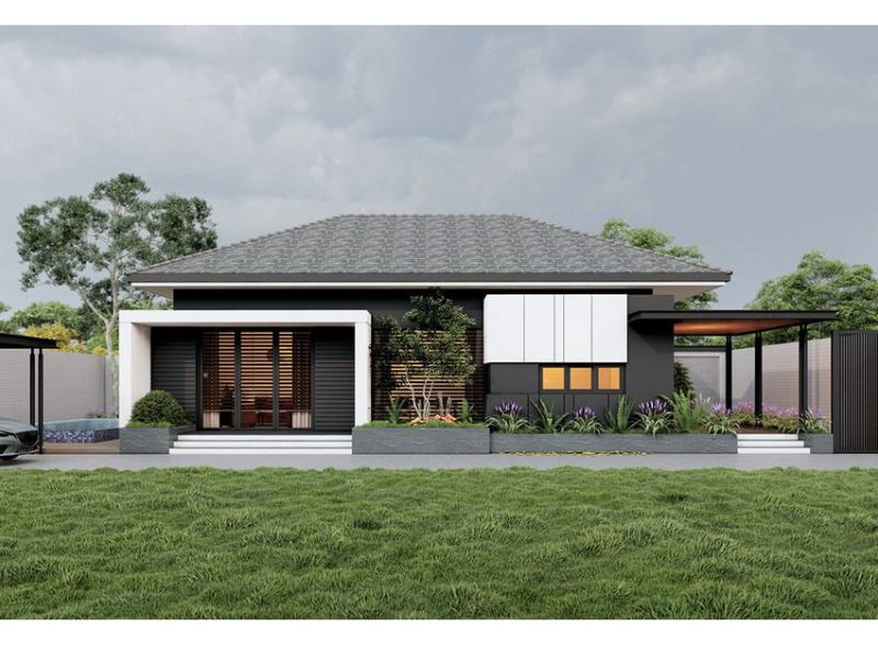 Thiết kế hình khối vuông vức nổi bật tính hiện đại trong mẫu nhà 1 tầng 6 phòng ngủ