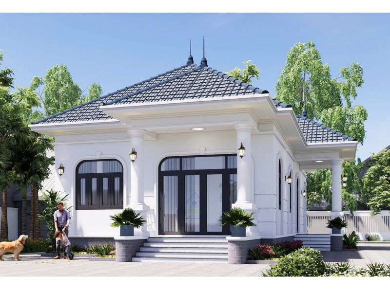 Đường nét kiến trúc đơn giản nhưng tinh tế trong mẫu nhà 1 tầng 6 phòng ngủ mái Nhật