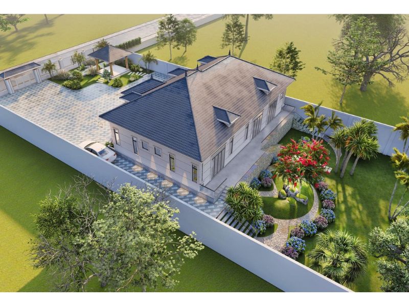 Thiết kế nhà 1 tầng 6 phòng ngủ gần gũi với tự nhiên