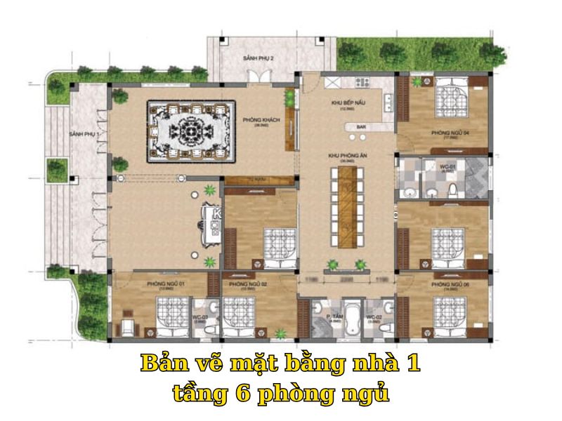 Bản vẽ mặt bằng nhà 1 tầng 6 phòng ngủ tiện nghi