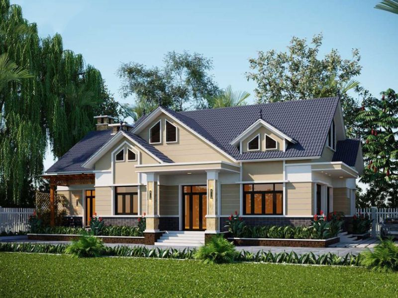 Mặt tiền sang trọng, thu hút của mẫu nhà 1 tầng 6 phòng ngủ mái Thái