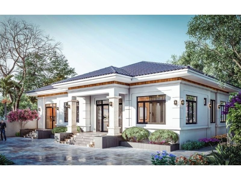 Thiết kế nhà 1 tầng 6 phòng ngủ với hệ mái Nhật sang trọng, giúp thoát nước mưa nhanh chóng và cách nhiệt hiệu quả