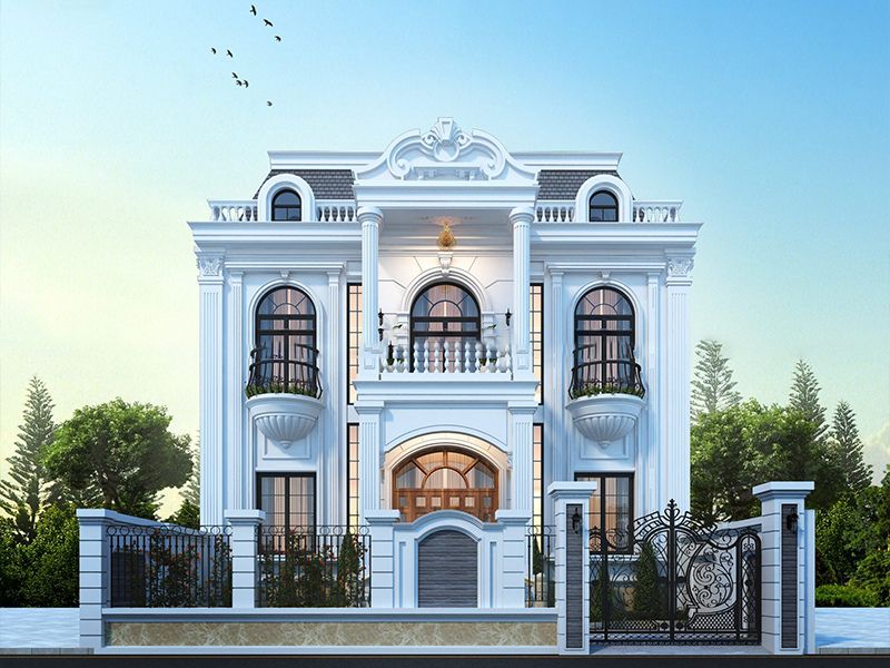 Vẻ đẹp sang trọng, bề thế của mẫu nhà ngang 12m sâu 8m 2 tầng tân cổ điển