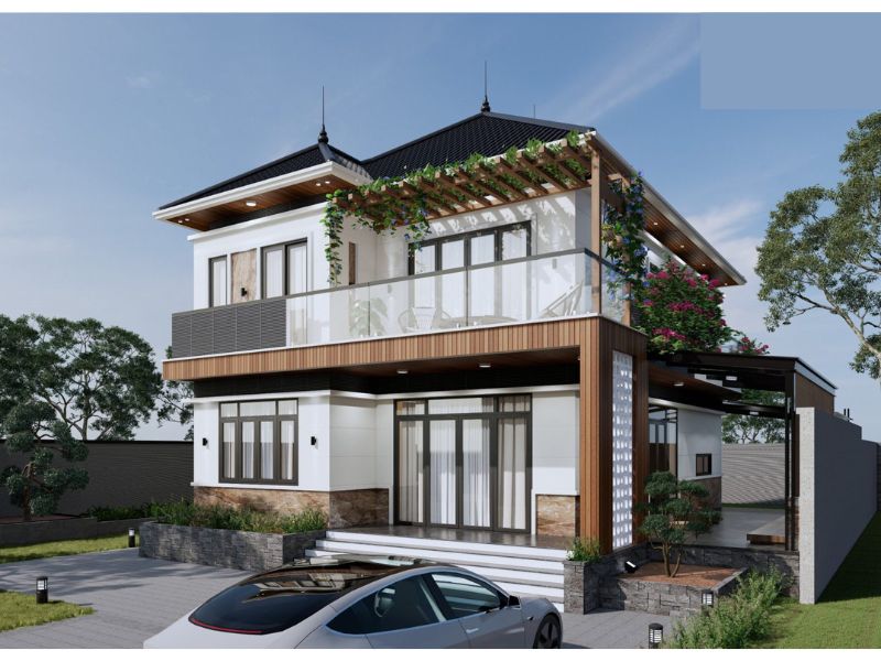 Thiết kế nhà 12x8m 2 tầng sử dụng cửa kính lớn tối ưu ánh sáng tự nhiên