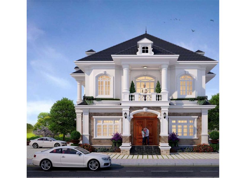 Mẫu nhà ngang 12m sâu 8m 2 tầng đăng đối đẹp