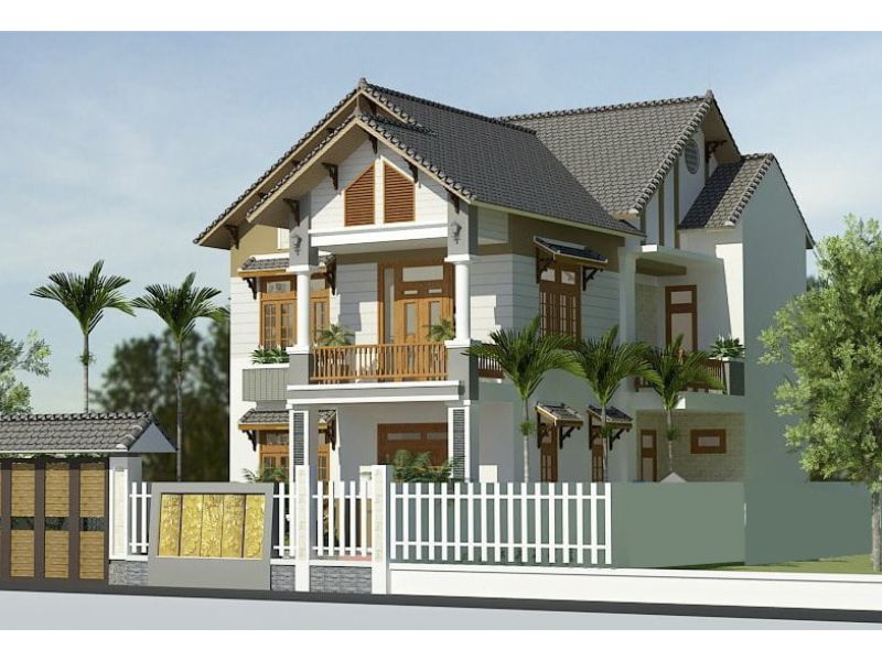 Mẫu nhà ngang 12m sâu 8m 2 tầng mái Thái 4 phòng ngủ