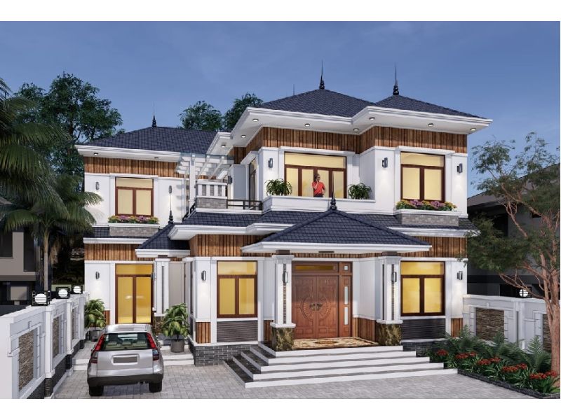 Mặt tiền nhà ấn tượng của mẫu nhà 12m sâu 8m 2 tầng 
