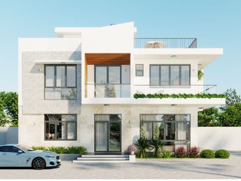 Gam màu trắng thanh lịch được sử dụng trong mẫu nhà ngang 12m sâu 8m 2 tầng