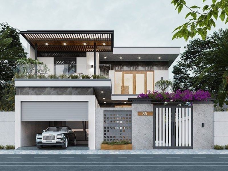 Hình khối vuông vức hiện đại trong mẫu nhà 12x8m 2 tầng