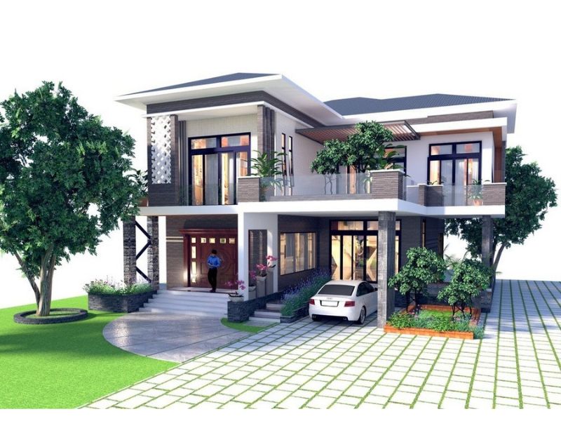 Thiết kế nhà ngang 12m sâu 8m 2 tầng có chỗ để xe tiện lợi