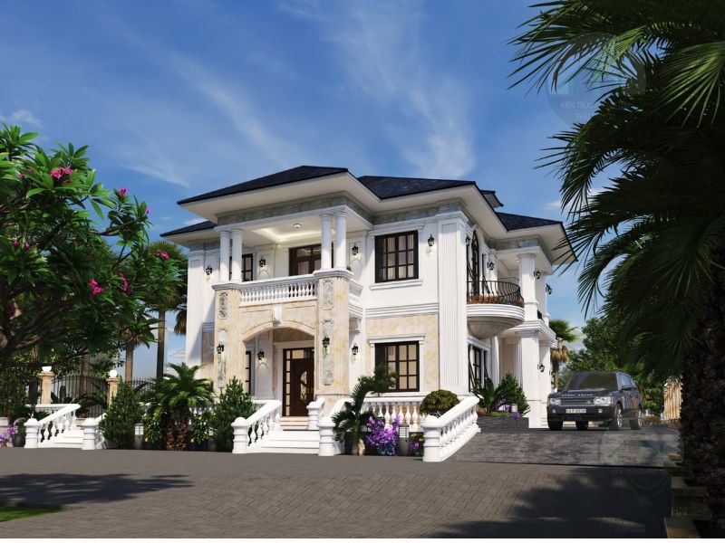Mẫu nhà ngang 12m sâu 8m 2 tầng tân cổ điển gần gũi thiên nhiên