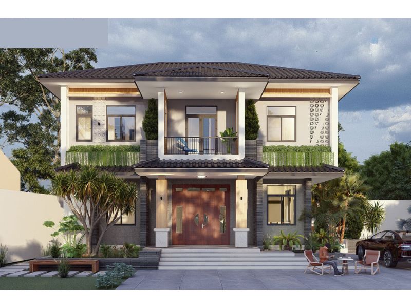 Thiết kế nhà ngang 12m sâu 8m 2 tầng mái Nhật cân đối, hài hòa