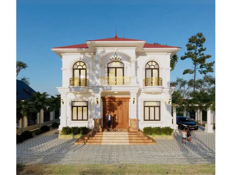 Xây nhà ngang 12m sâu 8m 2 tầng mái Nhật ở nông thôn